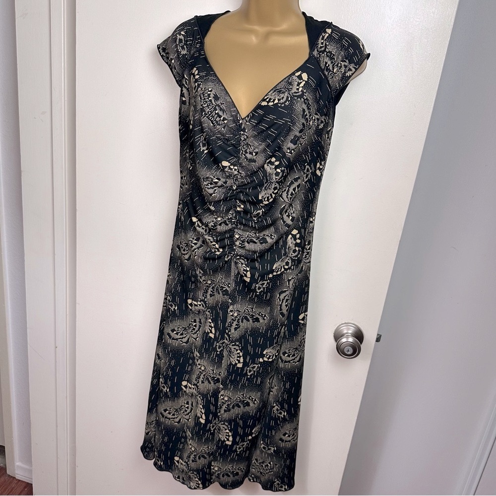 Max Studio Y2K Vintage Black Tan Artsy Butterfly Print Cap Sleeves Dress Size M